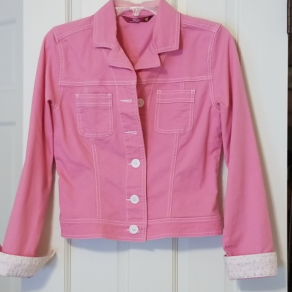 Pink and white jean jacket